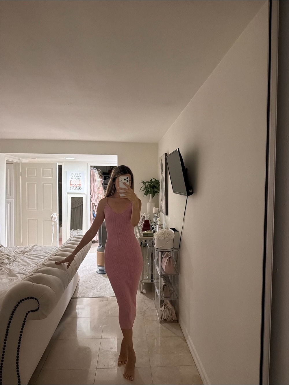 Women’s Pink Ribbed V-Neck Bodycon Midi Dress Forever 21